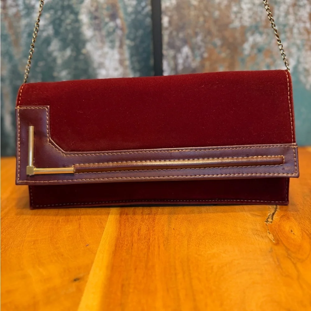 Vintage 1970s Archival Burgundy Velvet and Leather-Look‎ Geometric Clutch